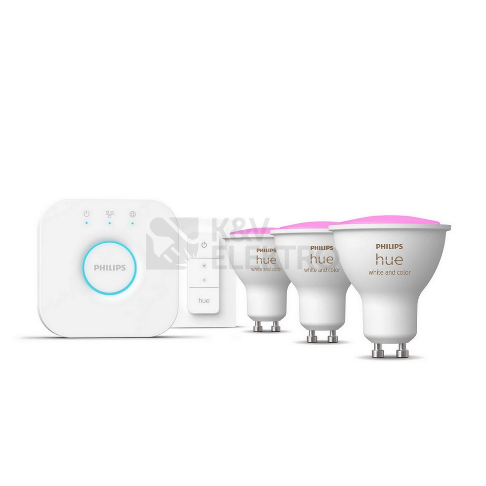 Obrázek produktu Propojovací zařízení Philips Hue BRIDGE a 3 ks LED žárovek GU10 4,2W (50W) White and Color Ambiance (2000-6500K/RGB) stmívatelné 0