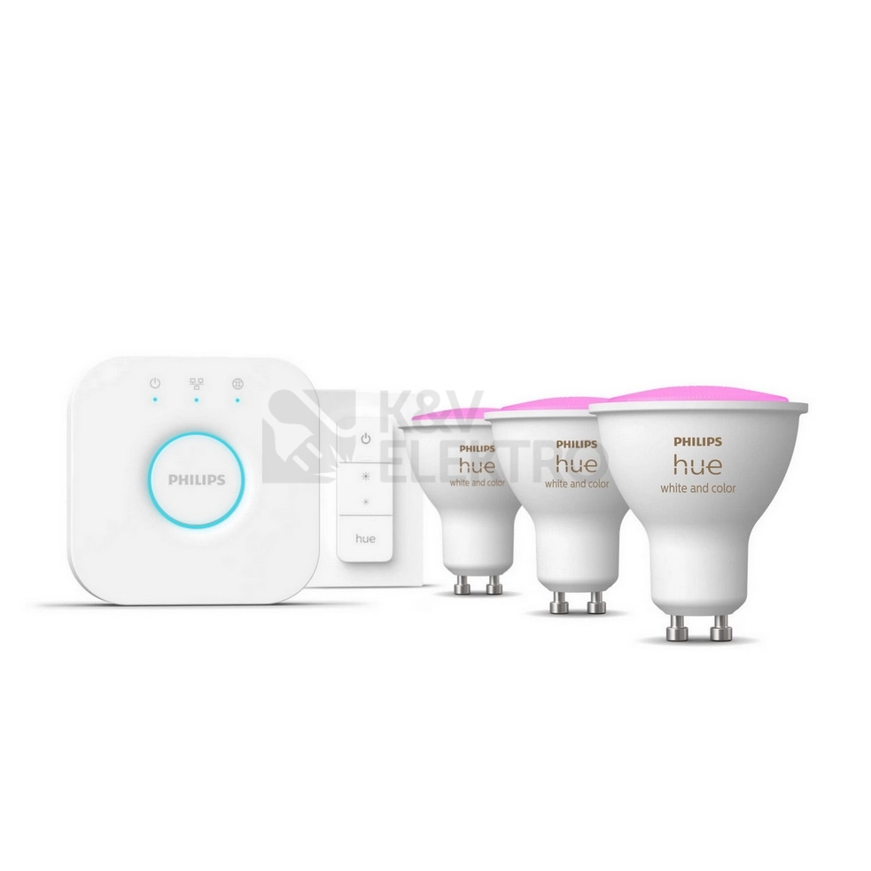 Obrázek produktu Propojovací zařízení Philips Hue BRIDGE a 3 ks LED žárovek GU10 4,2W (50W) White and Color Ambiance (2000-6500K/RGB) stmívatelné 0