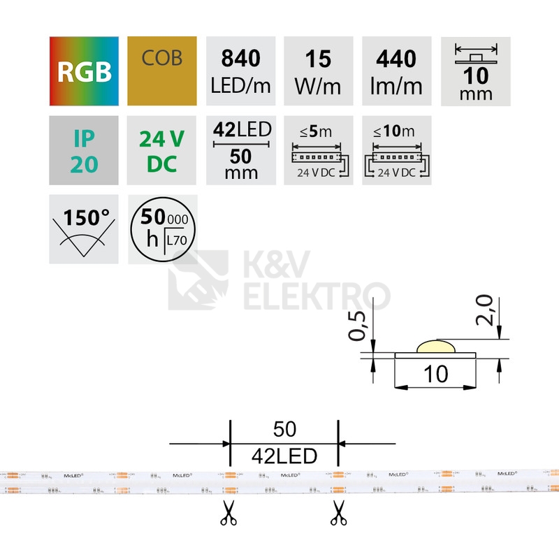 Obrázek produktu LED pásek McLED 24V COB RGB 840LED/m 15W/m 10mm ML-128.013.90.2 3