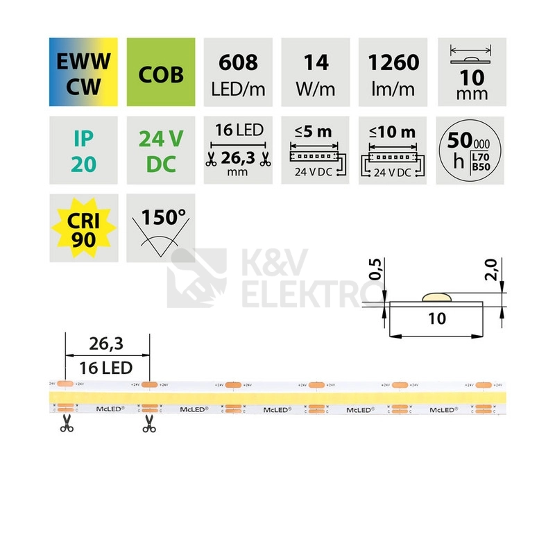 Obrázek produktu CCT LED pásek McLED 24V COB teplá+studená bílá 608LED/m 14W/m CRI90 10mm ML-127.641.90.2 3