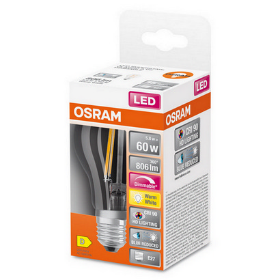 LED žárovka E27 OSRAM CLA Filament 5,8W (60W) teplá bílá (2700K) stmívatelná