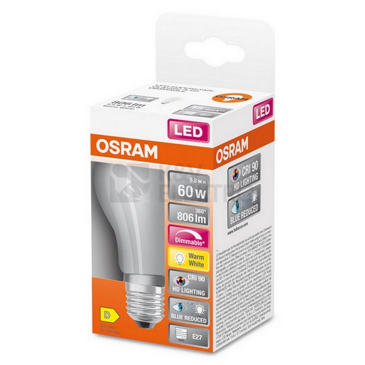 Obrázek produktu LED žárovka E27 OSRAM 5,8W (60W) teplá bílá (2700K) stmívatelná 1