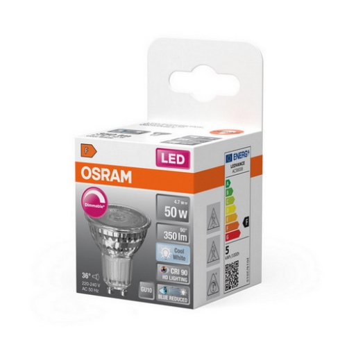 LED žárovka GU10 PAR16 OSRAM 4,7W (50W) neutrální bílá (4000K) reflektor 36° stmívatelná