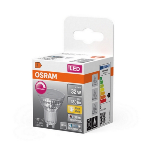LED žárovka GU10 PAR16 OSRAM 4,1W (32W) teplá bílá (2700K) reflektor 120° stmívatelná