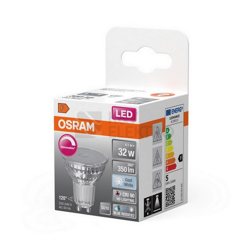 Obrázek produktu LED žárovka GU10 PAR16 OSRAM 4,1W (32W) neutrální bílá (4000K) reflektor 120° stmívatelná 1