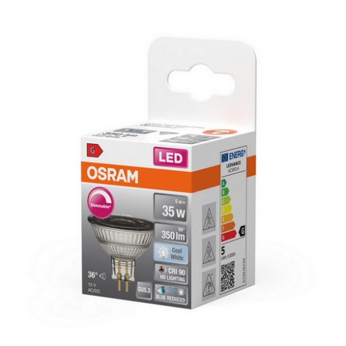 LED žárovka GU5,3 MR16 OSRAM 5W (35W) neutrální bílá (4000K) stmívatelná, reflektor 12V 36°
