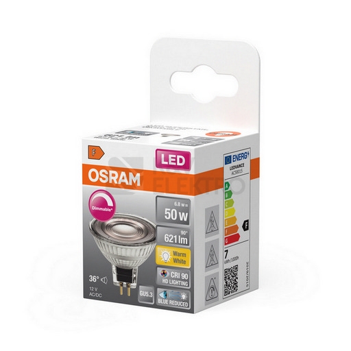 Obrázek produktu LED žárovka GU5,3 MR16 OSRAM 6,8W (50W) teplá bílá (2700K) stmívatelná, reflektor 12V 36° 1