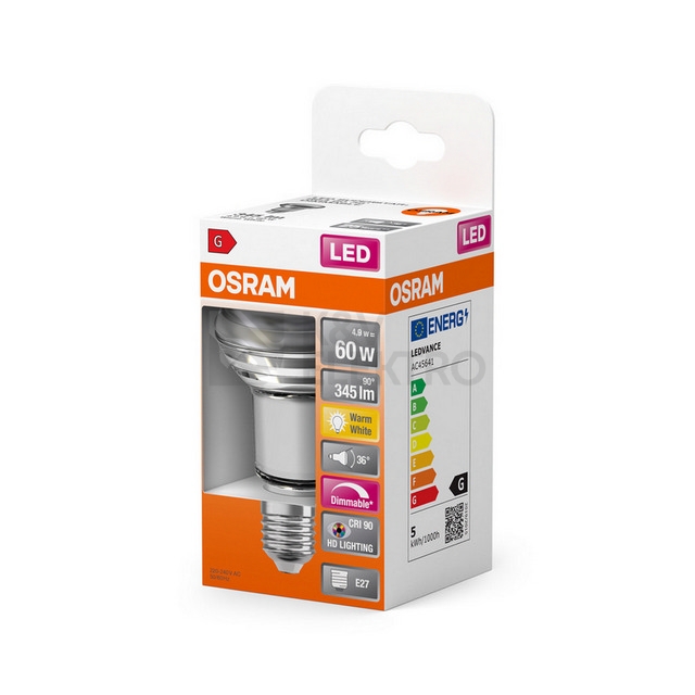 Obrázek produktu LED žárovka E27 OSRAM R63 4,9W (60W) teplá bílá (2700K) reflektor 36° 1