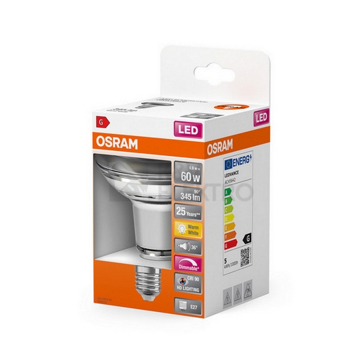 Obrázek produktu LED žárovka E27 OSRAM R80 4,9W (60W) teplá bílá (2700K) stmívatelná, reflektor 36° 1