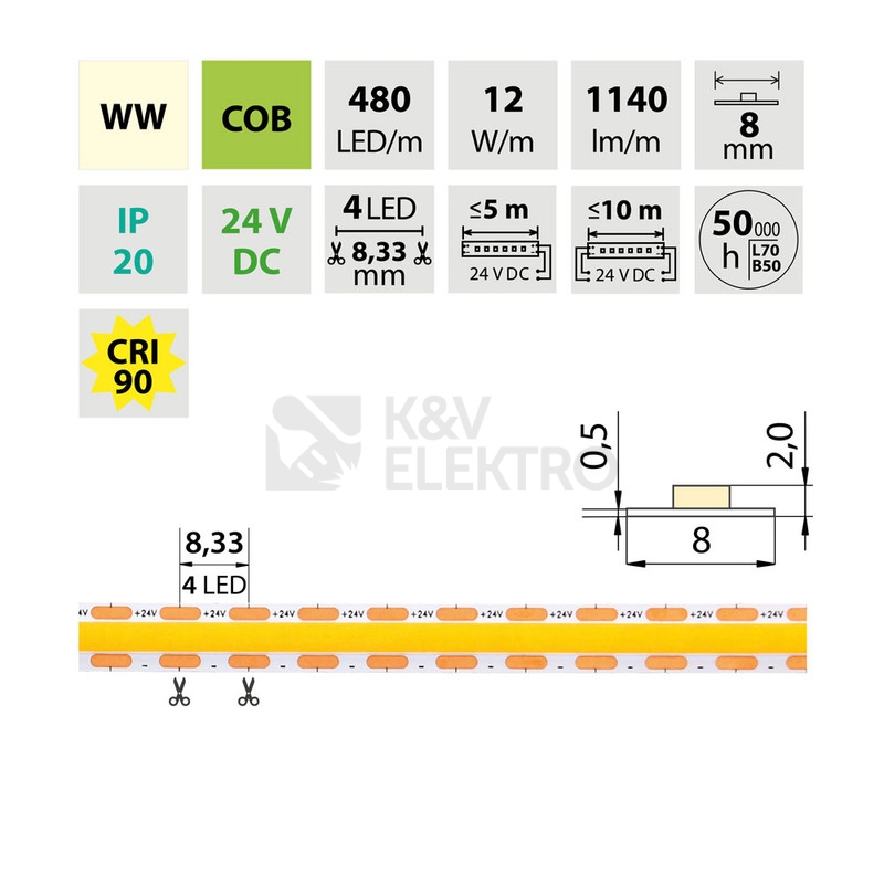 Obrázek produktu LED pásek McLED 24V COB teplá bílá 480LED/m 12W/m CRI90 8mm ML-126.121.90.2 3