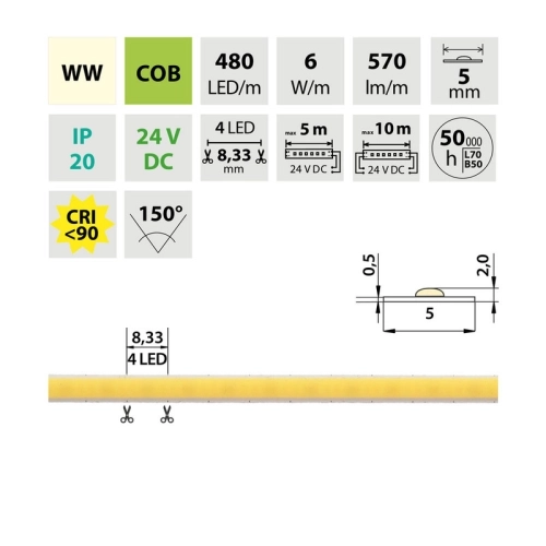 LED pásek McLED 24V COB teplá bílá 480LED/m 6W/m CRI90 5mm ML-126.111.90.2