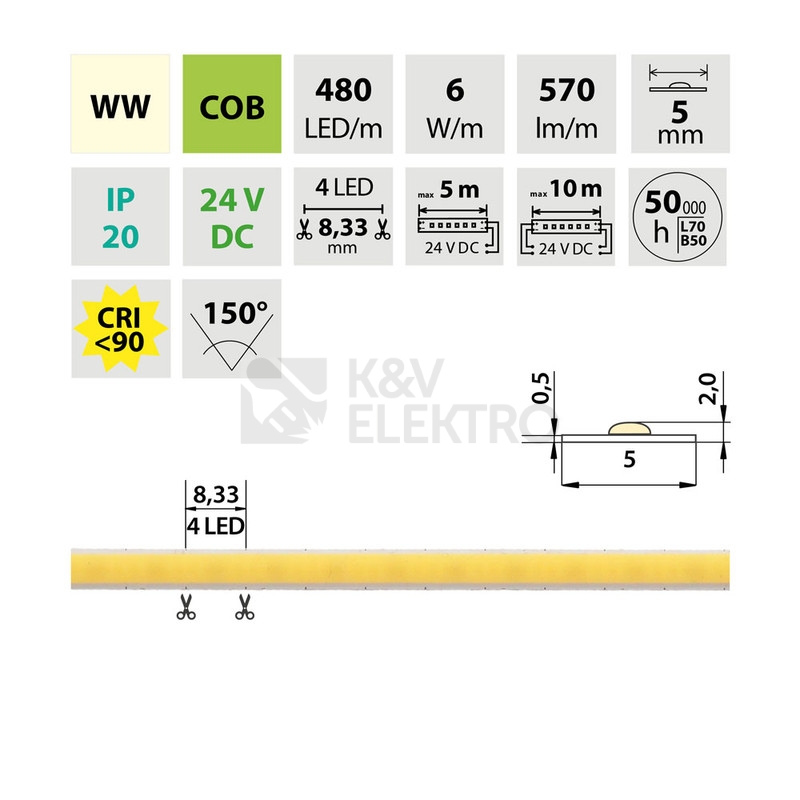 Obrázek produktu LED pásek McLED 24V COB teplá bílá 480LED/m 6W/m CRI90 5mm ML-126.111.90.2 3