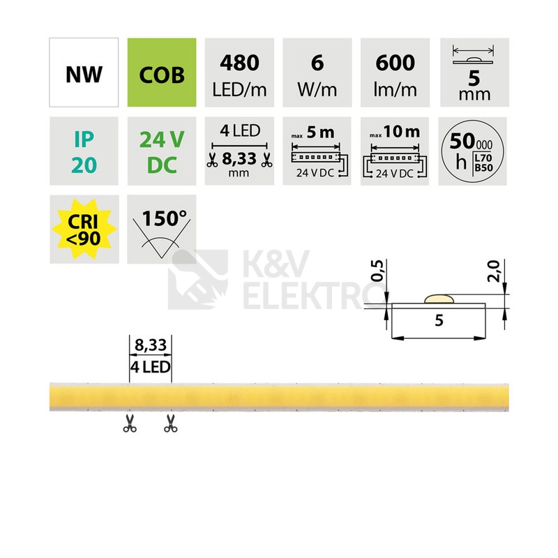 Obrázek produktu LED pásek McLED 24V COB neutrální bílá 480LED/m 6W/m CRI90 5mm ML-126.112.90.2 3