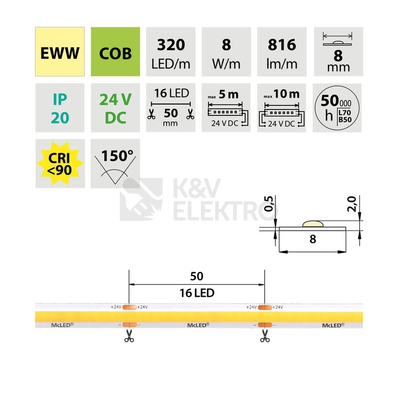 Obrázek produktu LED pásek McLED 24V COB teplá bílá 320LED/m 8W/m CRI90 8mm ML-126.115.90.2 3