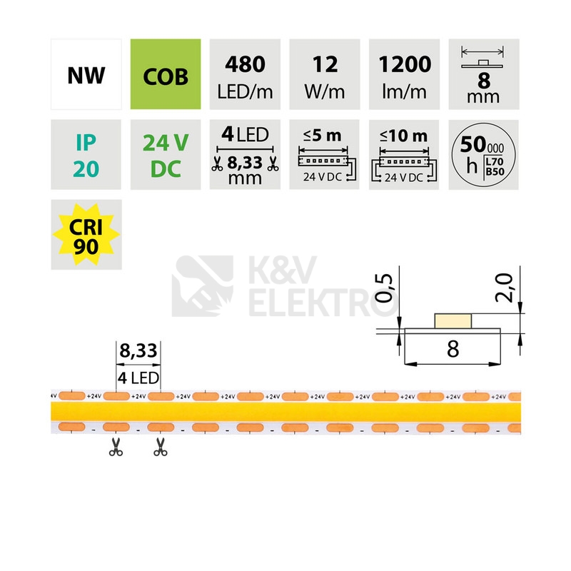 Obrázek produktu LED pásek McLED 24V COB neutrální bílá 480LED/m 12W/m CRI90 8mm ML-126.122.90.2 3