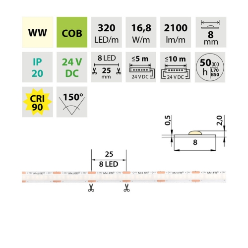 LED pásek McLED 24V COB teplá bílá 320LED/m 16,8W/m CRI90 8mm ML-126.131.90.2