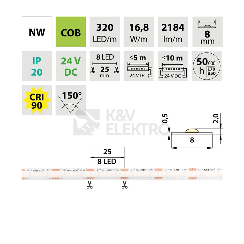 Obrázek produktu LED pásek McLED 24V COB neutrální bílá 320LED/m 16,8W/m CRI90 8mm ML-126.132.90.2 3