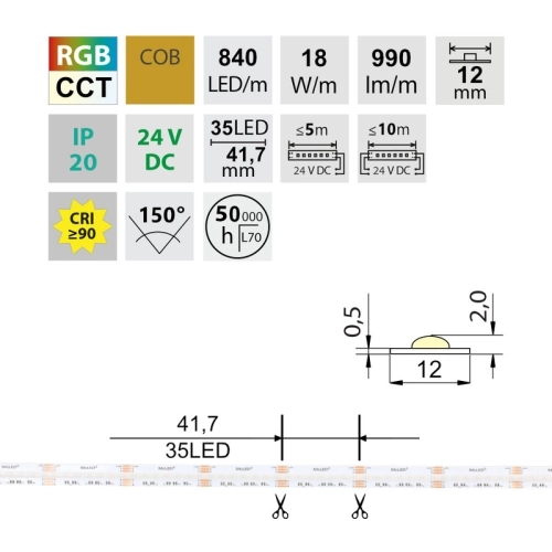 LED pásek McLED 24V COB RGB+CCT 840LED/m 18W/m CRI90 12mm ML-128.016.90.2 (obrázek 5)