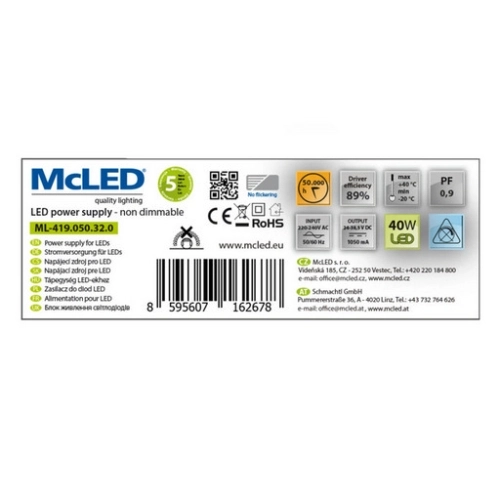 LED driver 40W 1050mA ke svítidlům McLED Office ML-419.050.32.0 (obrázek 8)