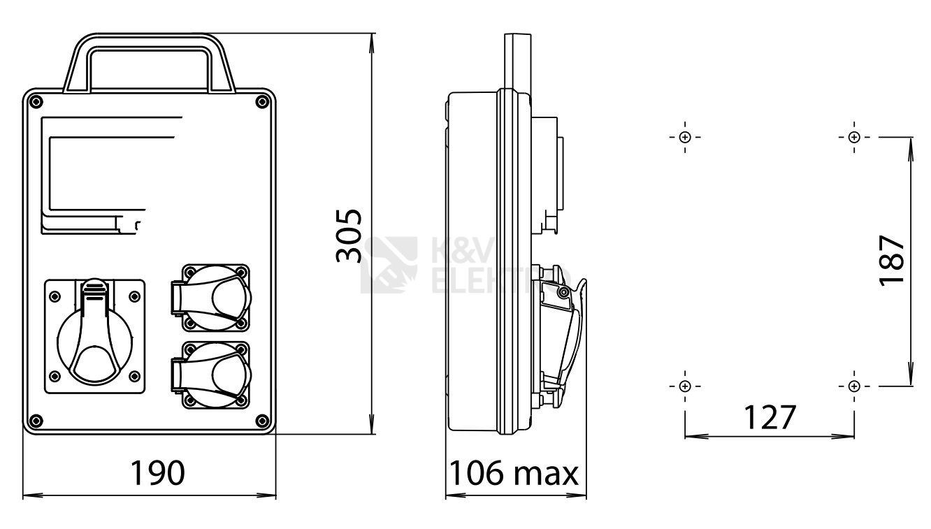 Obrázek produktu Zásuvková skříň ETI EDS4D 2/2 16/32 B IP44 2x230V 1x16A/5p 1x32A/5p jištěná bez chrániče 001105827 1