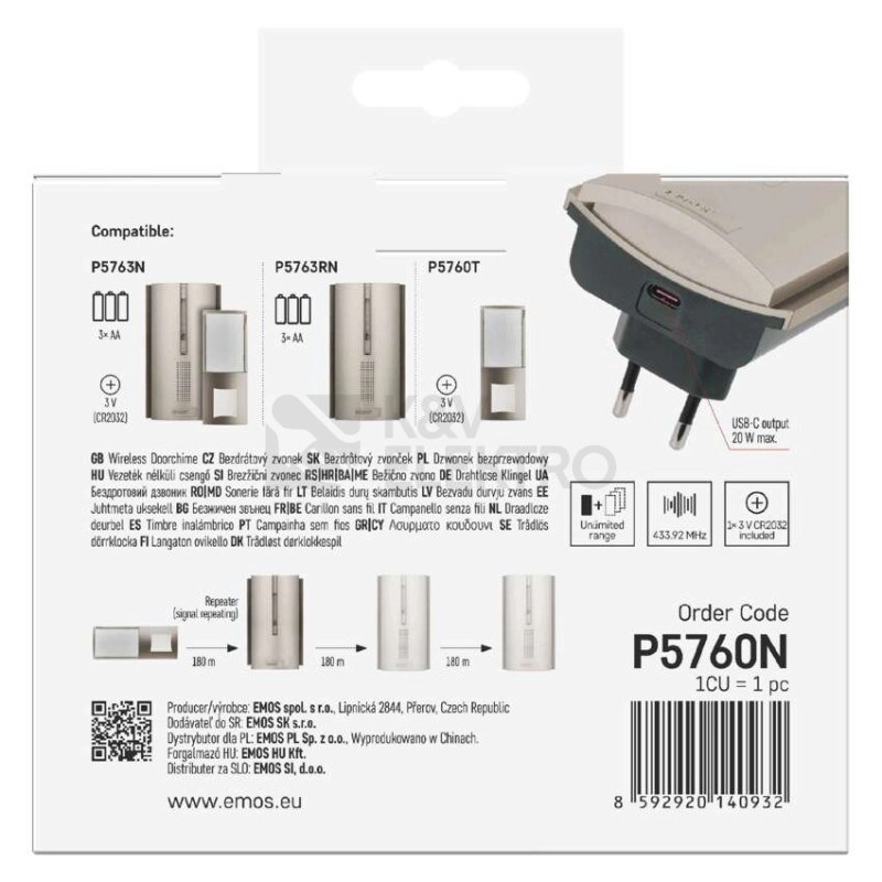 Obrázek produktu Bezdrátový domovní zvonek do zásuvky s USB-C výstupem EMOS P5760N 6