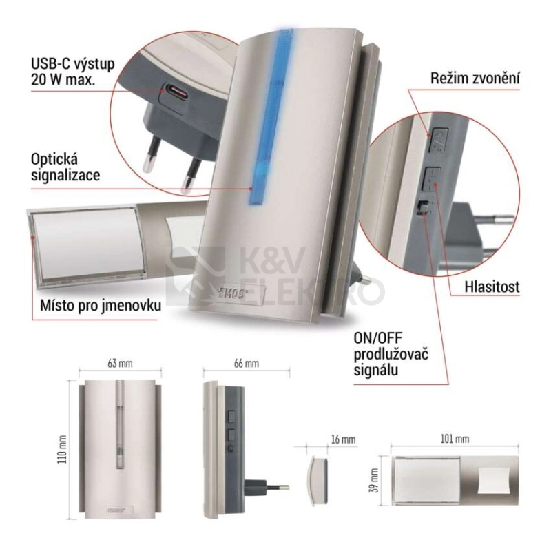 Obrázek produktu Bezdrátový domovní zvonek do zásuvky s USB-C výstupem EMOS P5760N 20