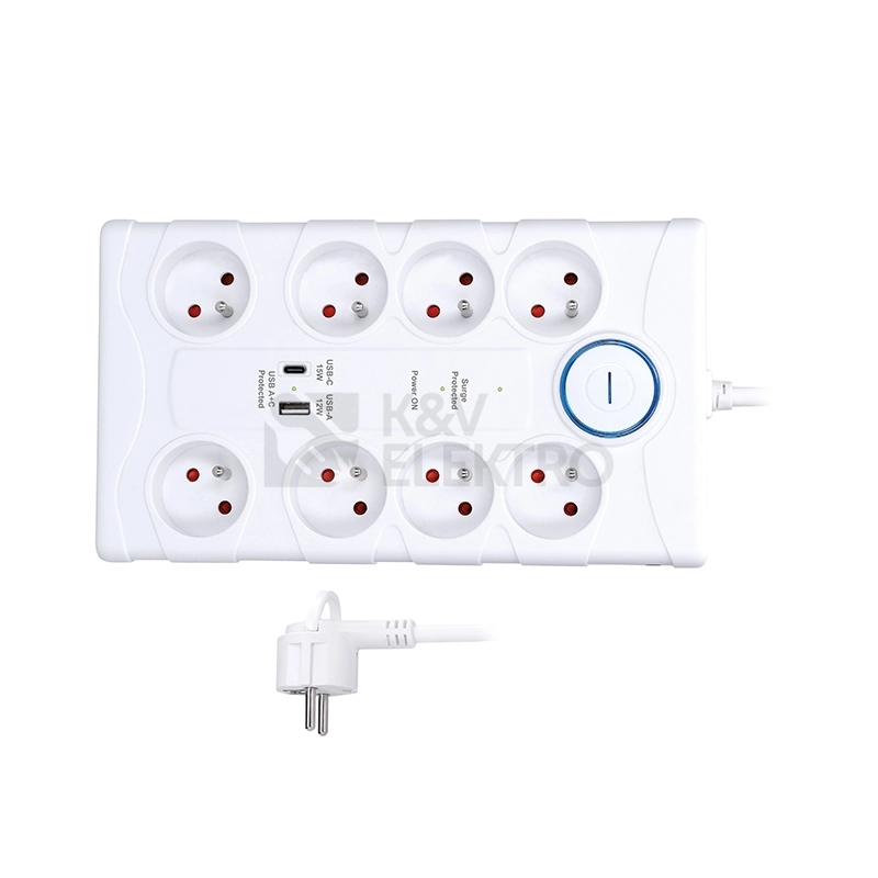 Obrázek produktu Přepěťová ochrana 8z USB A+C 2m bílá Solight PO80 0