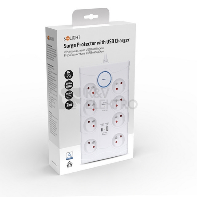 Obrázek produktu Přepěťová ochrana 8z USB A+C 2m bílá Solight PO80 2