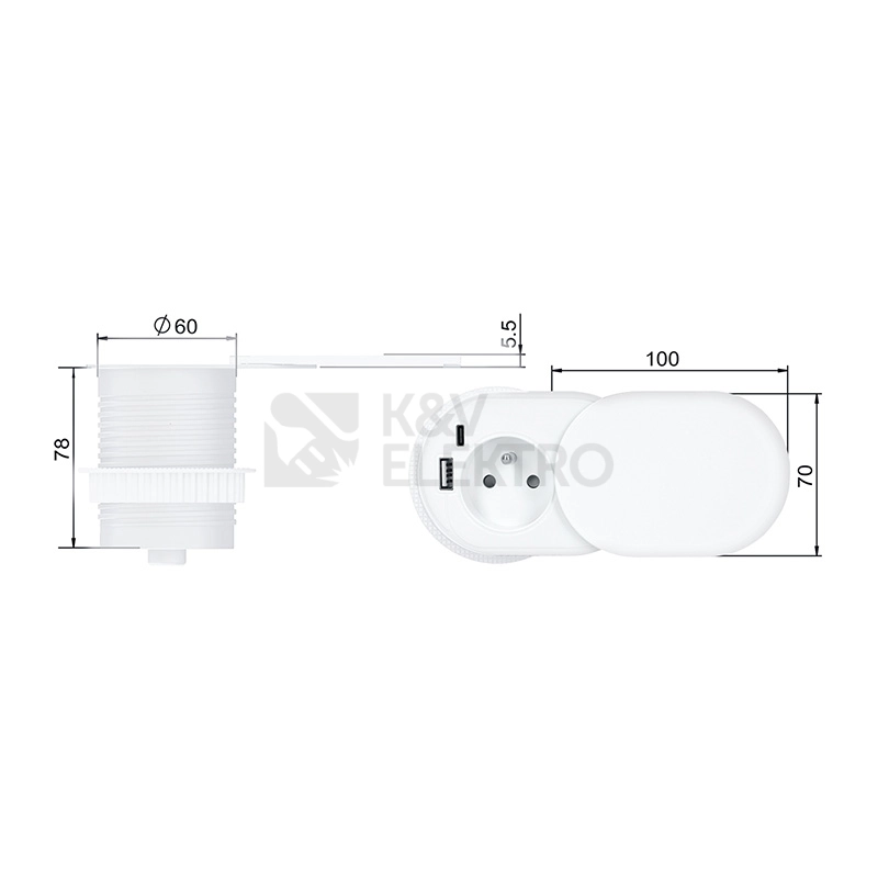 Obrázek produktu 1z + USB A+C 20W PD vestavná zásuvka s posuvným víčkem 2m matná bílá Solight PP124CW-PD20 5