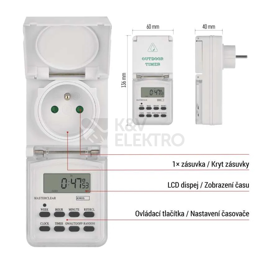 Obrázek produktu Digitální spínací zásuvka Emos TFE-5 P5507N IP44 5