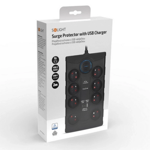 Přepěťová ochrana 8 zásuvek USB A+C 2m černá Solight PO80B (obrázek 3)