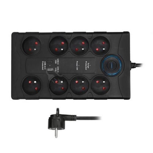 Přepěťová ochrana 8 zásuvek USB A+C 2m černá Solight PO80B