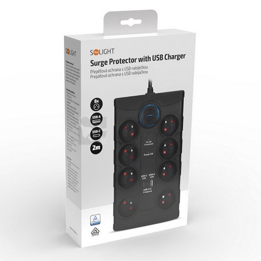 Obrázek produktu Přepěťová ochrana 8 zásuvek USB A+C 2m černá Solight PO80B 2