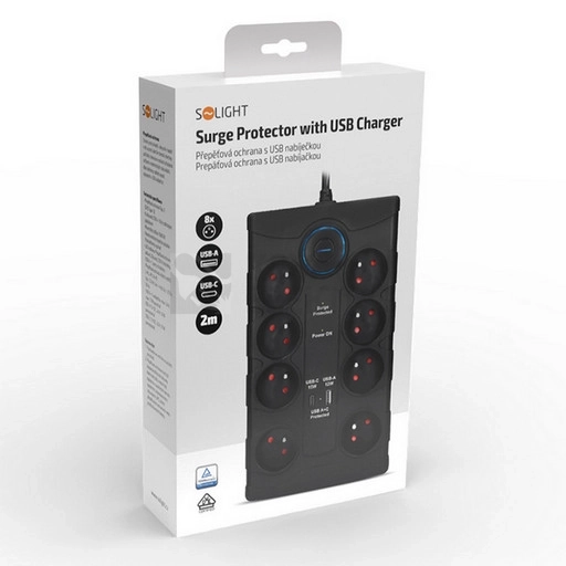 Obrázek produktu Přepěťová ochrana 8 zásuvek USB A+C 2m černá Solight PO80B 2