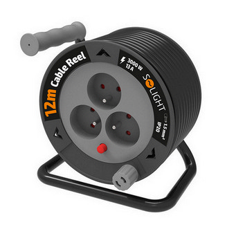 Prodlužovací přívod na bubnu 12m 3 zásuvky černý kabel 3x 1,5mm2 Solight PB24