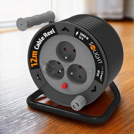 Obrázek produktu Prodlužovací přívod na bubnu 12m 3 zásuvky černý kabel 3x 1,5mm2 Solight PB24 3