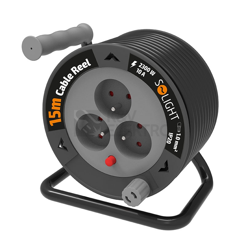 Obrázek produktu Prodlužovací přívod na bubnu 15m 3 zásuvky černý kabel 3x 1,0mm2 Solight PB24B 0