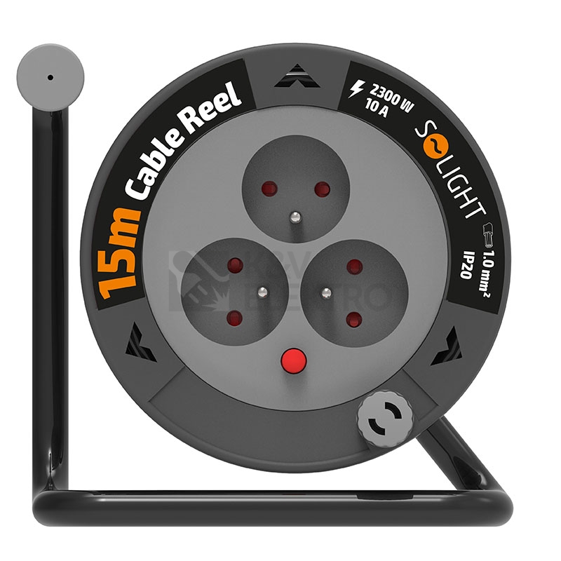 Obrázek produktu Prodlužovací přívod na bubnu 15m 3 zásuvky černý kabel 3x 1,0mm2 Solight PB24B 1