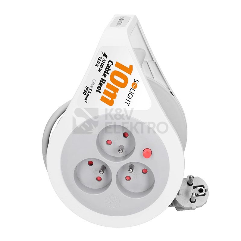 Obrázek produktu Prodlužovací přívod na bubnu 10m 3 zásuvky šedý kabel 3x 1,5mm2 Solight PB25 1