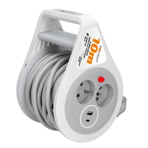 Prodlužovací přívod na bubnu 10m USB A+C 2 zásuvky šedý kabel 3x 1,0mm2 Solight PB25C
