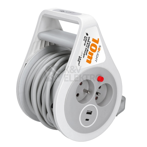 Prodlužovací přívod na bubnu 10m USB A+C 2 zásuvky šedý kabel 3x 1,0mm2 Solight PB25C