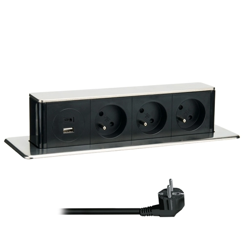 3z + USB A+C 20W PD výsuvný blok zásuvek 2m nerez ocel Solight PP126C-PD20