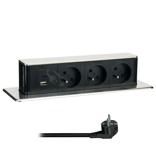 3z + USB A+C 20W PD výsuvný blok zásuvek 2m nerez ocel Solight PP126C-PD20