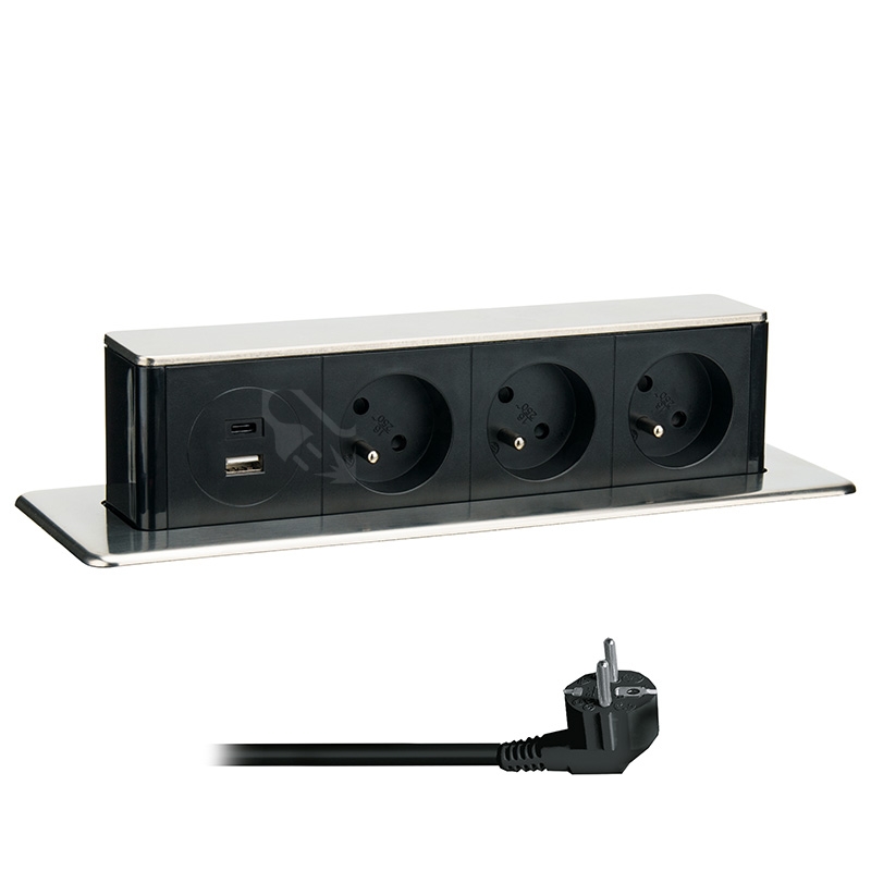 Obrázek produktu 3z + USB A+C 20W PD výsuvný blok zásuvek 2m nerez ocel Solight PP126C-PD20 0