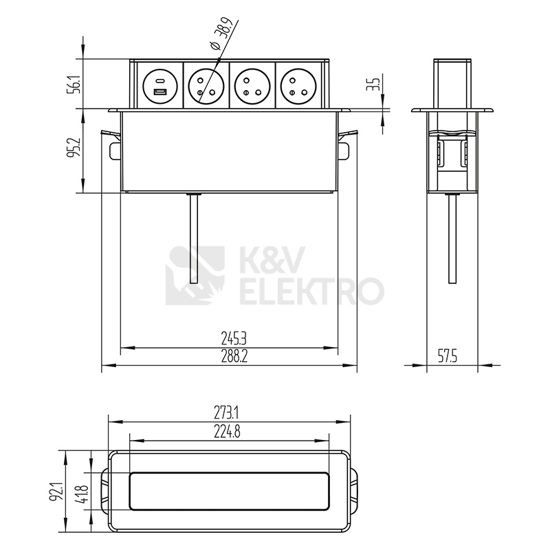 Obrázek produktu 3z + USB A+C 20W PD výsuvný blok zásuvek 2m nerez ocel Solight PP126C-PD20 1