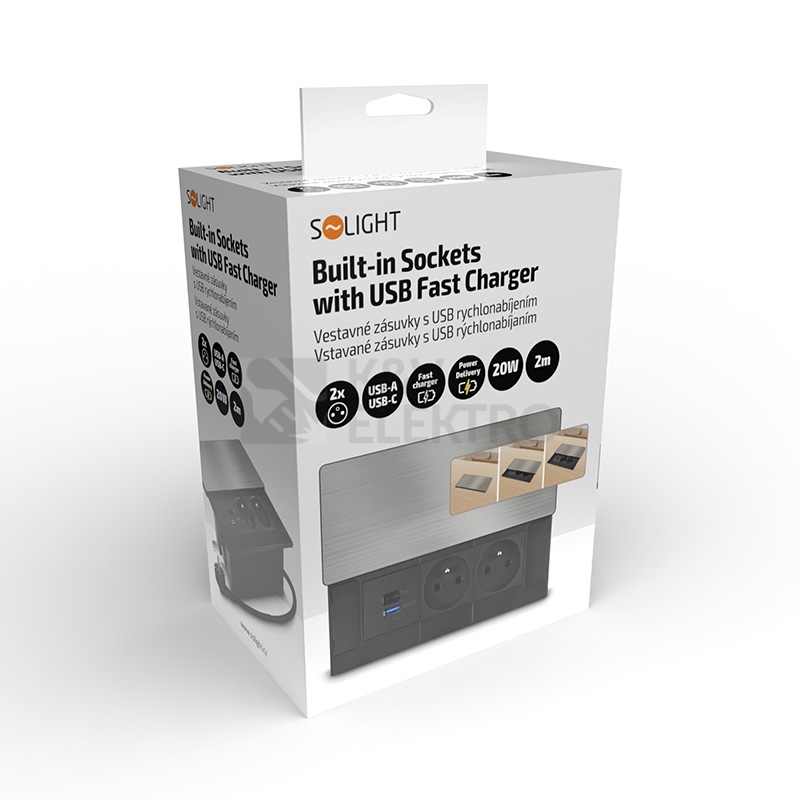 Obrázek produktu Vestavný blok zásuvek s posuvným krytem 2 zásuvky USB A+C 20W PD 2m stříbrný Solight PP128C-PD20 5