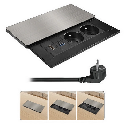 Vestavný blok zásuvek s posuvným krytem 2 zásuvky HDMI USB A+C 20W PD 2m stříbrný Solight PP128C-PD20-HDMI