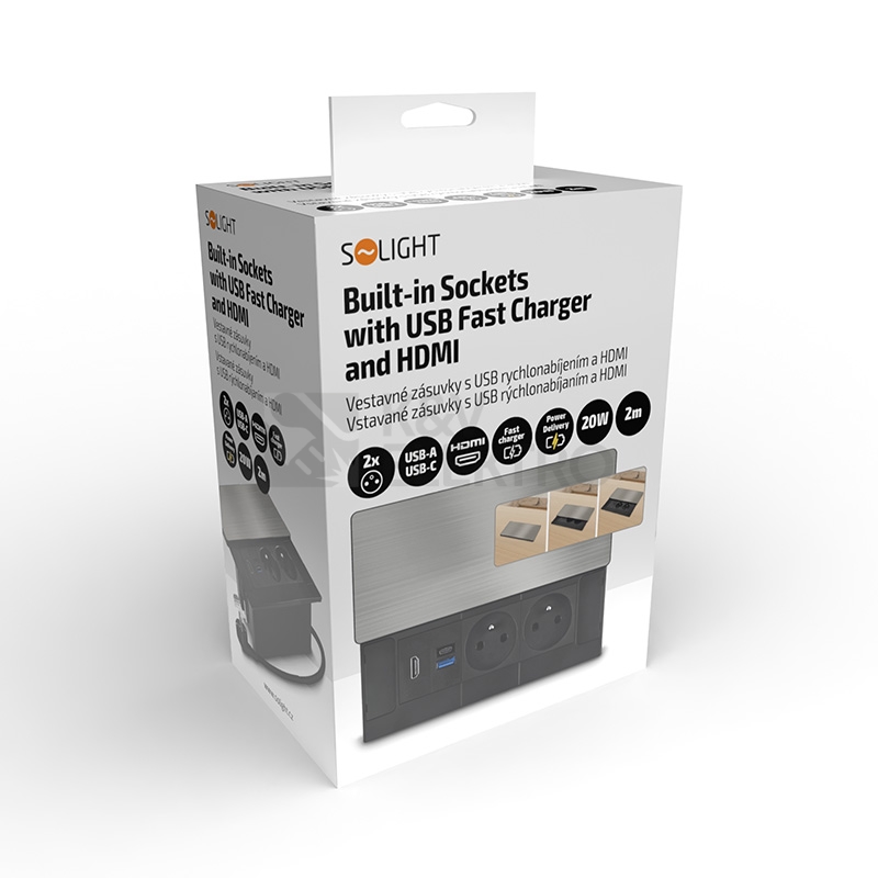 Obrázek produktu Vestavný blok zásuvek s posuvným krytem 2 zásuvky HDMI USB A+C 20W PD 2m stříbrný Solight PP128C-PD20-HDMI 5