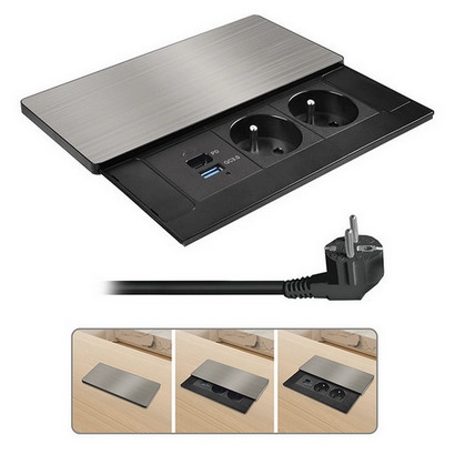Vestavný blok zásuvek s posuvným krytem 2 zásuvky USB A+C 65W PD 2m stříbrný Solight PP128C-PD65