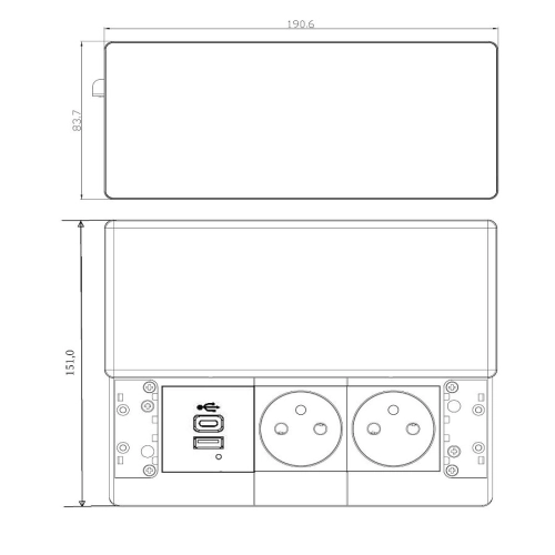 Vestavný blok zásuvek s posuvným krytem 2 zásuvky USB A+C 65W PD 2m stříbrný Solight PP128C-PD65 (obrázek 3)